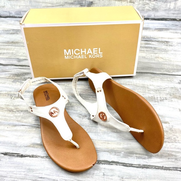 Michael Michael Kors White Thong Sandal “Sumac” Ankle Strap Rose Gold In Box 4M - Picture 2 of 16